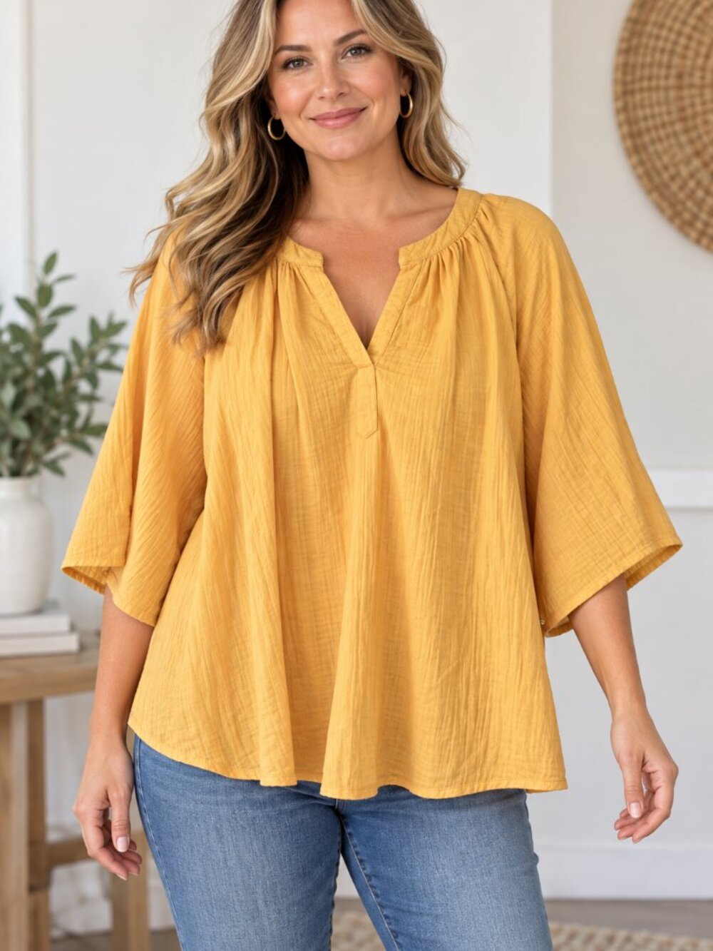 Wonderly Women’s Large Mustard Yellow Gauze Peasant Blouse Boho Split Neck Top